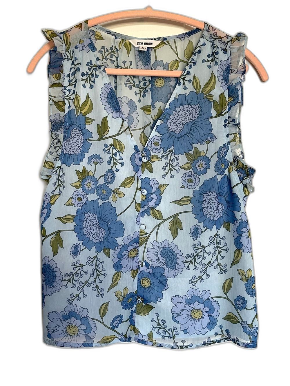 Steve Madden Loretta Top Light Blue Floral Ruffle Trim Camisole Flowy Blouse Top